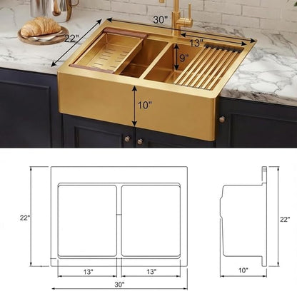 LQS Double Bowl Kitchen Sink, Undermount/Drop In Kitchen Sink, Double Bowl Stainless Steel Kitchen Sinks, 16 Gauge Stainless Steel Handmade Sinks (Gold, 30" x 22" x 10")