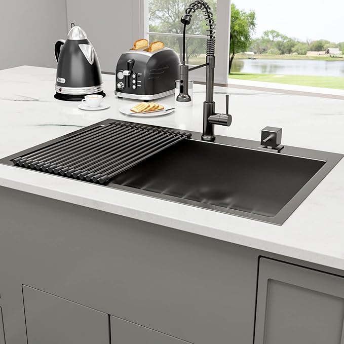 28 Drop Kitchen Sink Black Stainless Steel - Lordear 28x22 inch Gunmetal Black Kitchen Sink Drop In Stainless Steel Sink Single Bowl Gunmetal Black 16 Gauge Topmount Sink Basin