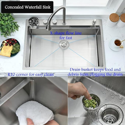 33 Inch Drop In Waterfall Kitchen Sink with Faucet Combo-Bokaiya 33x19 Drop In Sink with Cup Washer 16 Guage 10 Inch Deep Multifunctional Single Bowl Kitchen Sink Set