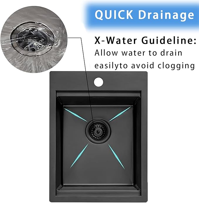 KINGO HOME Drop in Black Bar Sink, 15 x 20 Inch Single Bowl Small Kitchen Sink,304 Stainless Steel Topmount Wet Bar Sink Prep Sink With Grid&Drainer&Cutting Board