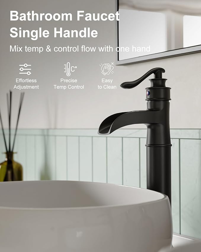 BWE Vessel Sink Faucet Waterfall Matte Black with Pop Up Drain Without Overflow and Supply Lines, Black Sink Faucet Bathroom One Handle Faucets Vanity Bath Mixer Tap