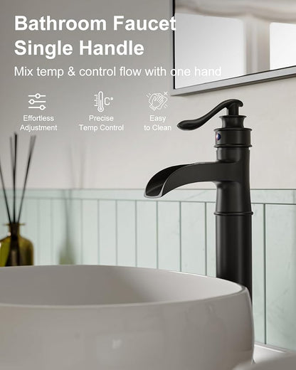 BWE Vessel Sink Faucet Waterfall Matte Black with Pop Up Drain Without Overflow and Supply Lines, Black Sink Faucet Bathroom One Handle Faucets Vanity Bath Mixer Tap