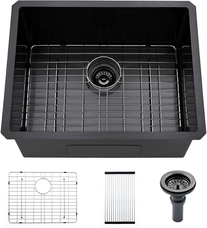 24 Inch Black Laundry Sink Undermount-VASOYO 24x19x13 Black Stainless Steel Laundry Utility Sink Undermount 16 Gauge Single Bowl Deep Kitchen Sinks Laundry Room Utility Sinks with Bottom Grid