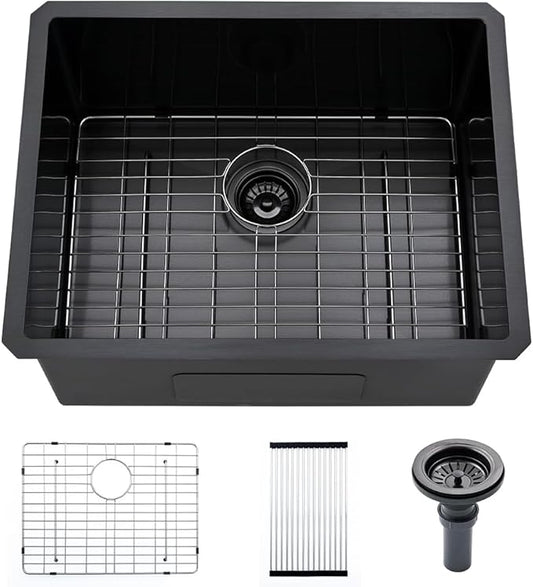 24 Inch Black Laundry Sink Undermount-VASOYO 24x19x13 Black Stainless Steel Laundry Utility Sink Undermount 16 Gauge Single Bowl Deep Kitchen Sinks Laundry Room Utility Sinks with Bottom Grid