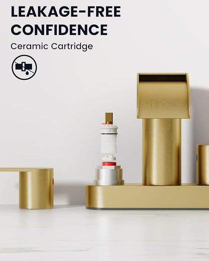 gotonovo 4 Inch Centerset Waterfall Bathroom Sink Faucet Deck Mount 2 Handle Basin Faucets 2 or 3 Hole with Pop Up Drain Included Lavatory Modern Mixer Tap Vanity Faucet Brushed Gold