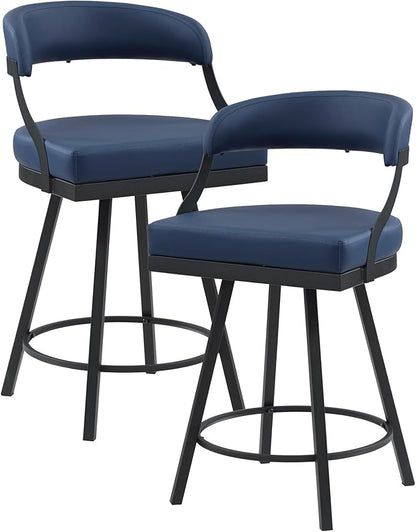 Lexicon Swivel Counter Height Stools Set of 2 - Counter Height Stools for Kitchen Island, Padded Seat, Open Back, Sturdy Black Metal Frame Finish and Blue Faux Leather Cushion Seat, Blue