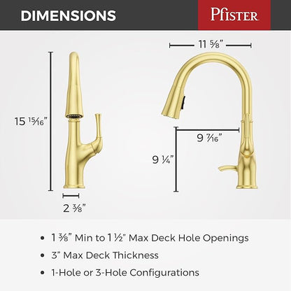 Pfister Alderwood Kitchen Faucet with Pull Down Sprayer and Soap Dispenser Single Handle High Arc Spout Brushed Gold Finish NSF Certified 1 or 3 Hole Installation F5297AWBG