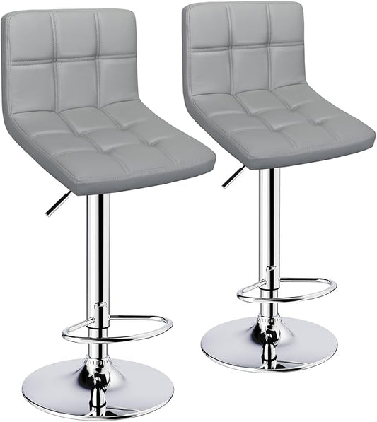 ERGOSEAT Bar Stools Set of 2,Armless Adjustable Swivel Barstools with Back,6-Squares Double Needle PU Leather Counter Height Bar Stools for Kitchen Island,Light Gray