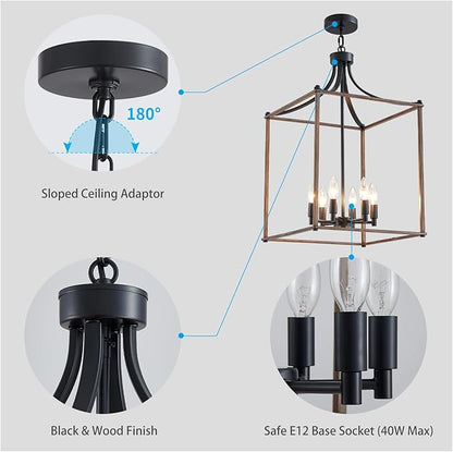 XINGQI 15.7" Modern Farmhouse Chandeliers for Dining Room 6-Light Geometric Lantern Black Wood Grain Finish Cage Pendant Lighting Fixture for Staircase Foyer Kitchen Entryway