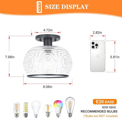 Black Vintage Semi-Flush Mount Ceiling Light with Globe Glass. Ideal for Small Kitchen, Closet, Hallway, Entryway, and Bathroom Lighting