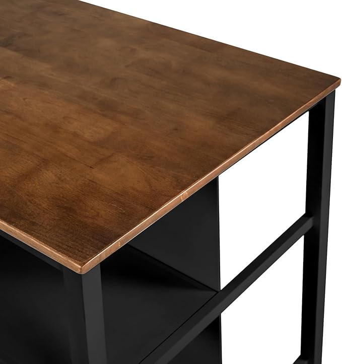 Solid Wood Rustic 3-Piece 45" Kitchen Island Set with 2 Seatings, Butcher Block Dining Table with 2 Stools Prep Table Set with 2 Open Shelves Dining Room Table Set for Bar, Living Room, Walnut+Black