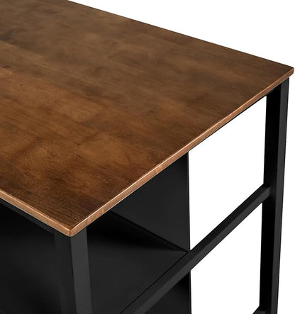 Solid Wood Rustic 3-Piece 45" Kitchen Island Set with 2 Seatings, Butcher Block Dining Table with 2 Stools Prep Table Set with 2 Open Shelves Dining Room Table Set for Bar, Living Room, Walnut+Black