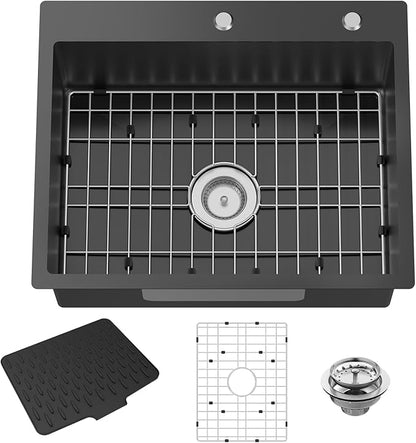 Black 25x20 Inch Drop In Kitchen Sink-Stainless Steel Single Bowl Topmount Kitchen Sink Stylish And Modern Look With Bottom Grid,Silicon Mat And Drain Assembly Add Elegance & Enhance Usability