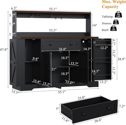VVFLU Hutch Storage Buffet Cabinet with Drawers, and Charging Station, Coffee Bar Cabinet with Barn Doors, Wine Rack and Hooks, White Wood Sideboard Buffet for Kitchen, Dining Room, 47.8" High