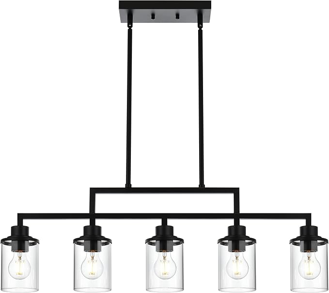 Kitchen Chandeliers Over Table 5-Light Linear Dining Table Light Fixture Hanging Light Adjustable Height with Clear Glass Shade, Black Island Lights for Kitchen Dining Room Foyer