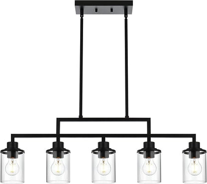 Kitchen Chandeliers Over Table 5-Light Linear Dining Table Light Fixture Hanging Light Adjustable Height with Clear Glass Shade, Black Island Lights for Kitchen Dining Room Foyer