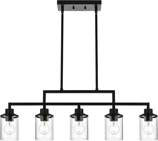 Kitchen Chandeliers Over Table 5-Light Linear Dining Table Light Fixture Hanging Light Adjustable Height with Clear Glass Shade, Black Island Lights for Kitchen Dining Room Foyer