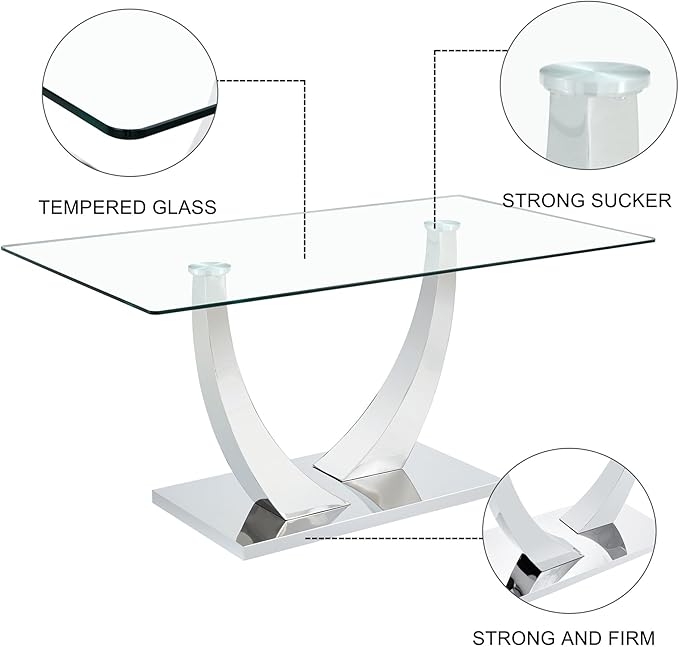Modern Silver Dining Table, 63" Dining Room Table for 4-6 with Heavy Duty Tempered Glass Top, Rectangular Glass Kitchen Table with Sturdy U Shaped Base for Kitchen Dining Room