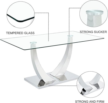Modern Silver Dining Table, 63" Dining Room Table for 4-6 with Heavy Duty Tempered Glass Top, Rectangular Glass Kitchen Table with Sturdy U Shaped Base for Kitchen Dining Room