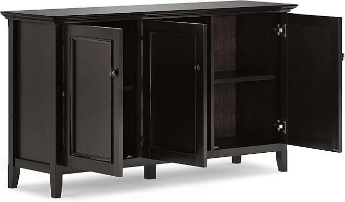 SIMPLIHOME Amherst 60-inch Wide Solid Wood 3-Door Storage Cabinet in Hickory Brown, Transitional-Style Buffet Sideboard for Living Room, Dining Room or Entryway