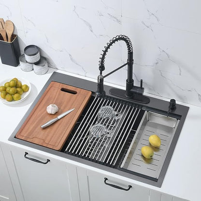 33 Inch Black Drop In Double Bowl Kitchen Sink Workstation-Bokaiya 33x22 Drop In Black Stainless Steel Top Mount Workstation Sink 16 Gauge Low Divide 60/40 Double Sink with Cutting Board