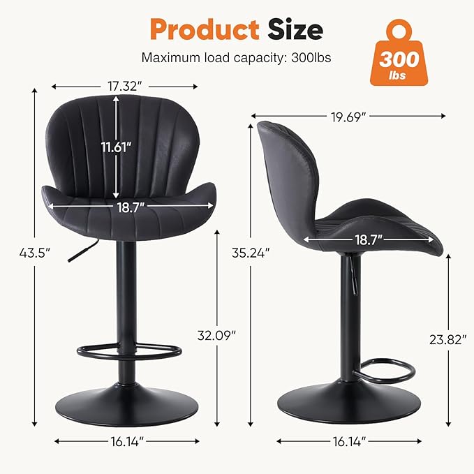 Sweetcrispy Bar Stools Set of 4, Modern Swivel Bar Chairs, Adjustable Fabric Upholstered Barstools Counter Height with Backrest for Bar, Kitchen Island, Dining Room, Black