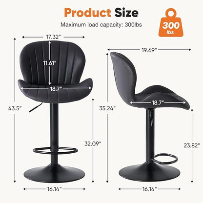 Sweetcrispy Bar Stools Set of 4, Modern Swivel Bar Chairs, Adjustable Fabric Upholstered Barstools Counter Height with Backrest for Bar, Kitchen Island, Dining Room, Black