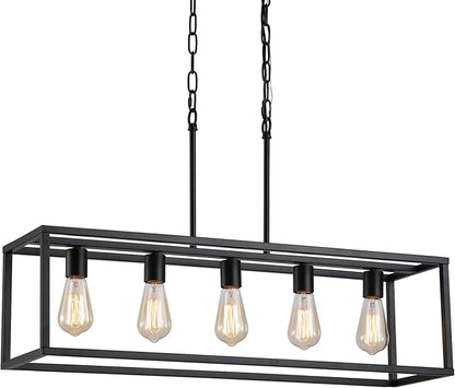 AMZASA Black Rectangle Kitchen Island Lights Rectangular Modern Industrial Chandelier for Dining Room 5 Lights Linear Vintage Cage Light Fixtures UL Listed