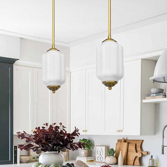 Farmhouse Pumpkin Pendant Light Vintage Milk Glass Shade, Brass Color Adjustable Canopy, Retro Industrial Glass Ceiling Light Fixture for Dining Room, Entryway，Kitchen Island (Brass White