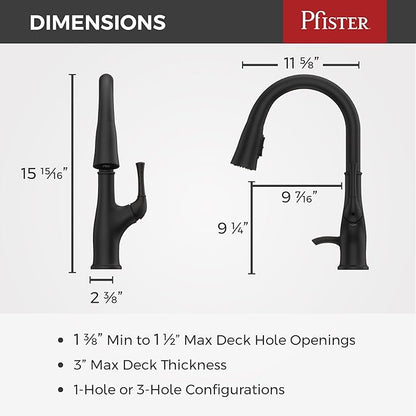 Pfister Alderwood Kitchen Faucet with Pull Down Sprayer and Soap Dispenser, Single Handle, NSF Certified, Matte Black Finish, F5297AWB