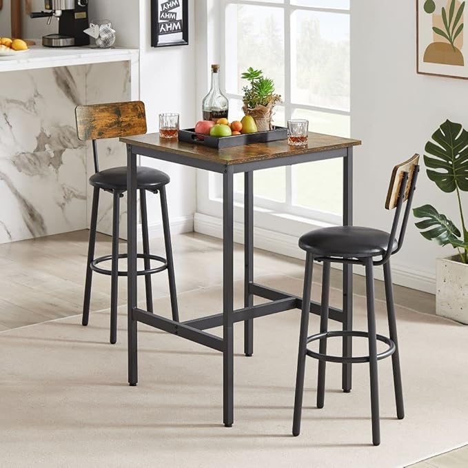 Bar Table Set for 2 with 2 PU Upholstered Stools, Pub Bistro Dinning Table and Stools with Backrest, Counter Height Bar Table Set for Apartment, Kitchen, Small Space