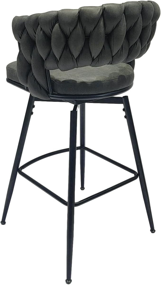 28" Technical Leather Woven Bar Stool Set of 2,Black Legs Bar stools No Adjustable Kitchen Island Chairs,360 Swivel Bar Stools Upholstered Counter Stool Arm Chairs with Back Footrest (Tan)