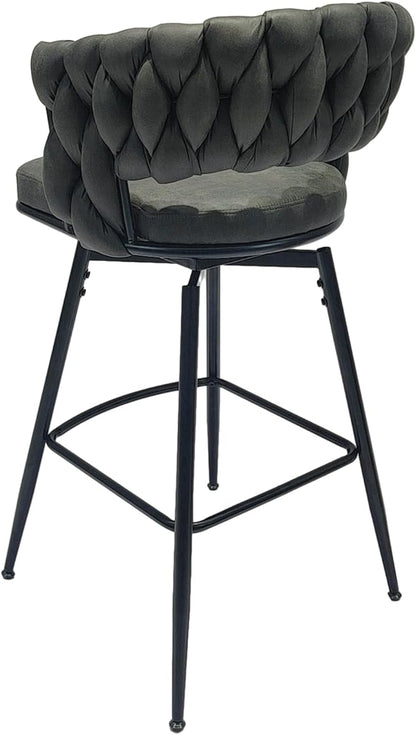 28" Technical Leather Woven Bar Stool Set of 2,Black Legs Bar stools No Adjustable Kitchen Island Chairs,360 Swivel Bar Stools Upholstered Counter Stool Arm Chairs with Back Footrest (Tan)