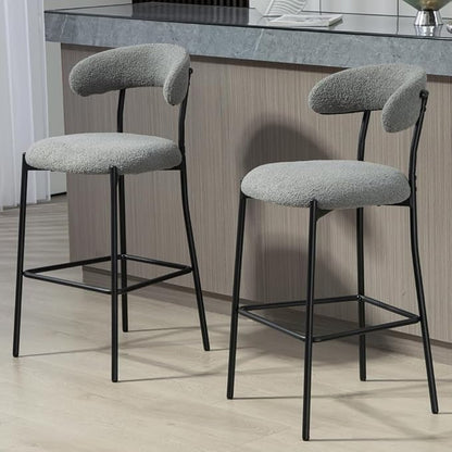 26" Counter Height Bar Stools - Teddy Fabric Upholstered Kitchen Island Stools with Black Powder-Coated Metal Base & Integrated Footrest, Modern Farmhouse Style(Grey)