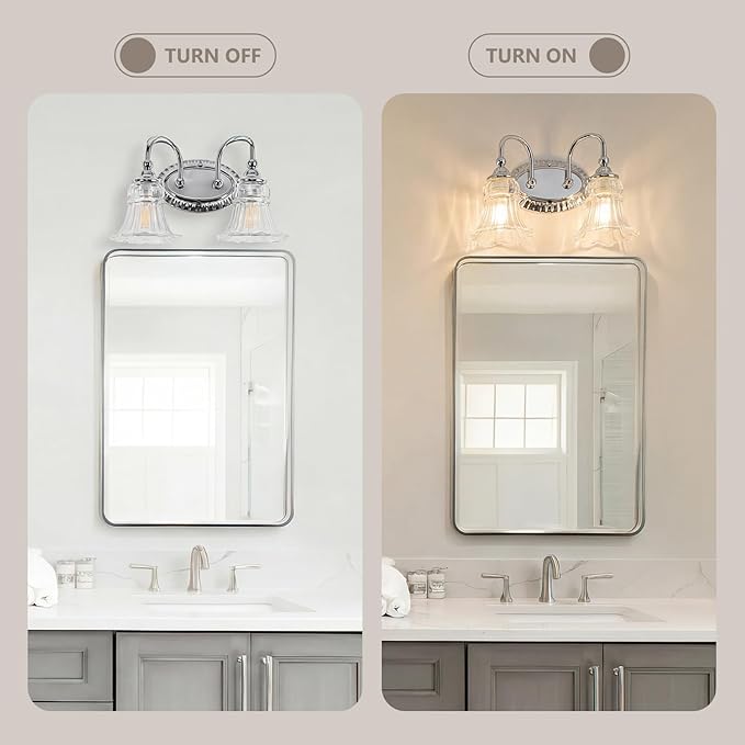 2-Light Bathroom Light Fixtures Vintage Chrome Vanity Lights Over Mirror with Floral Glass Shade for Bathroom Powder Room, Living Room Hallway
