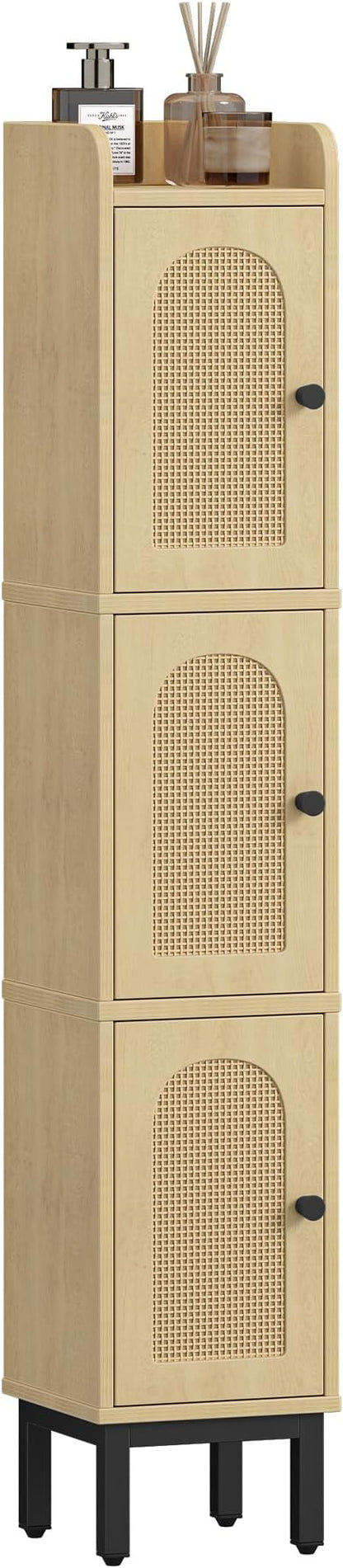 Hzuaneri Slim Bathroom Storage Cabinet, Narrow Bathroom Organizers and Storage with 4 Adjustable Feet, Laundry Room Organization for Small Space, Kitchen, Living Room, 3 Doors Rattan Yellow BC22302Y