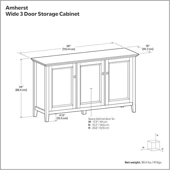 SIMPLIHOME Amherst 60-inch Wide Solid Wood 3-Door Storage Cabinet in Hickory Brown, Transitional-Style Buffet Sideboard for Living Room, Dining Room or Entryway