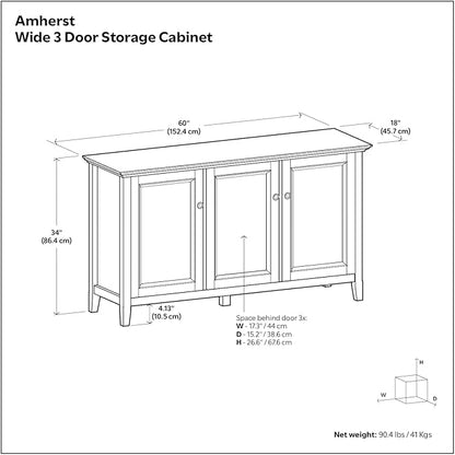 SIMPLIHOME Amherst 60-inch Wide Solid Wood 3-Door Storage Cabinet in Hickory Brown, Transitional-Style Buffet Sideboard for Living Room, Dining Room or Entryway