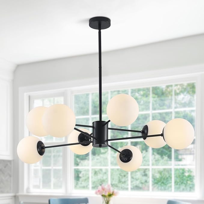 BOKT Modern 8-Lights Globe Sputnik Chandelier Mid Century Matte Black Chandelier Ceiling Mount Light Fixture with Milky White Glass Glass Lampshade for Dining Room Living Room