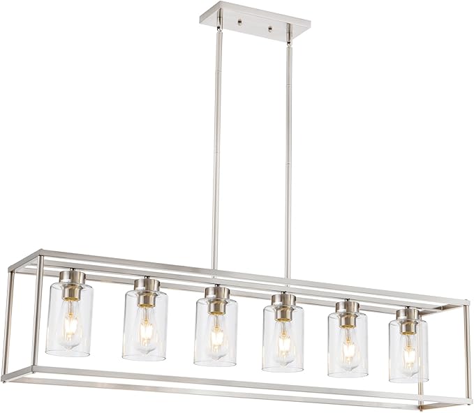 6 Light Brushed Nickel Dining Room Light Fixture Modern Farmhouse Chandelier Linear Hanging Pendant Lighting Rectangle for Kitchen Living Room Adjustable Height with Glass Shade