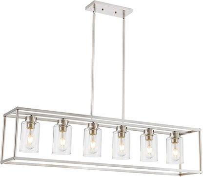6 Light Brushed Nickel Dining Room Light Fixture Modern Farmhouse Chandelier Linear Hanging Pendant Lighting Rectangle for Kitchen Living Room Adjustable Height with Glass Shade