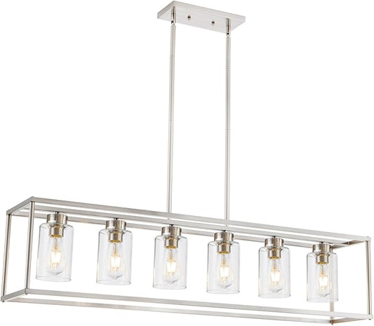 6 Light Brushed Nickel Dining Room Light Fixture Modern Farmhouse Chandelier Linear Hanging Pendant Lighting Rectangle for Kitchen Living Room Adjustable Height with Glass Shade