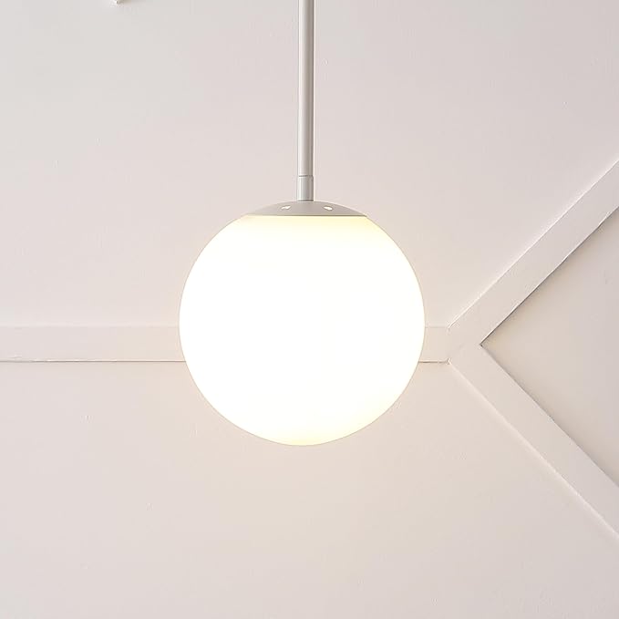 JONATHAN Y 7.75" Almond Modern Globe LED Pendant Light, Industrial Hanging Ceiling Lamp for Kitchen Island, White Glass Globe Shade, LED Bulb Included (JYL9528F)