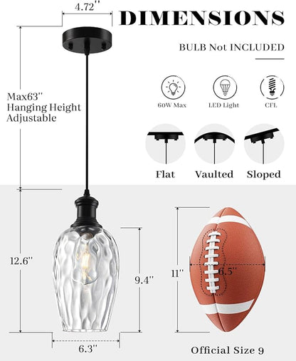 Pendant Lights Kitchen Island, 6.3” Black Blown Glass Pendant Lights 1-Pack, Farmhouse Pendant Light with Clear Hammered Glass, Modern Kitchen Pendant Light for Dining Room, Bathroom, Cafe