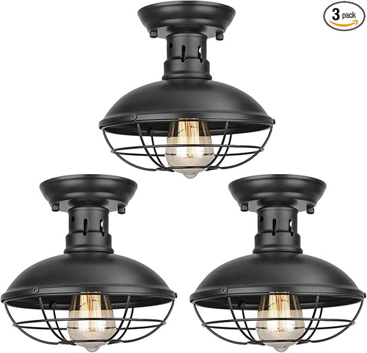 FRIDEKO HOME 3 Pack Flush Mount Ceiling Light Industrial Farmhouse Ceiling Light Fixture Rustic Copper Metal Cage Flush Mount Light Fixture E26 Base for Hallway Foyer Kitchen Porch Black