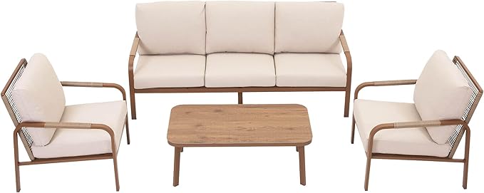 Aluminum Patio Sofa Set, 4-Piece Outdoor Furniture with Coffee Table and Cushions, Garden and Balcony Conversation Set, Beige
