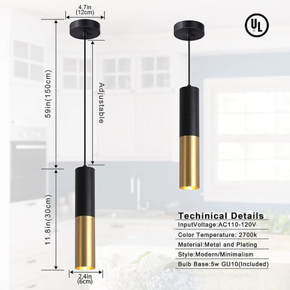 Modern Pendant Light Fixture Kitchen Island,1-Light Black Gold GU10 Hanging Light Cord Adjustable Cylinder Pendants Lamp for Livingroom Bedroom Diningroom 1-Pack