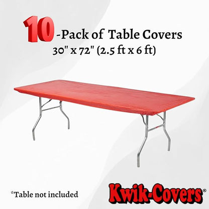 Kwik-Covers 6' Rectangular Plastic Table Covers 30" x 72" (6 Feet), Bundle of 10 - Indoor or Outdoor Fitted Table Covers for Banquet Tables (Red)