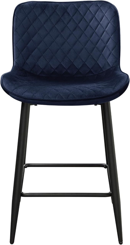 Lexicon Counter Stools Set of 2 - Counter Height Stools for Kitchen Table, Solid Padded Back, Black Metal Finish and Blue Velvet Cushion Seat, 24''SH