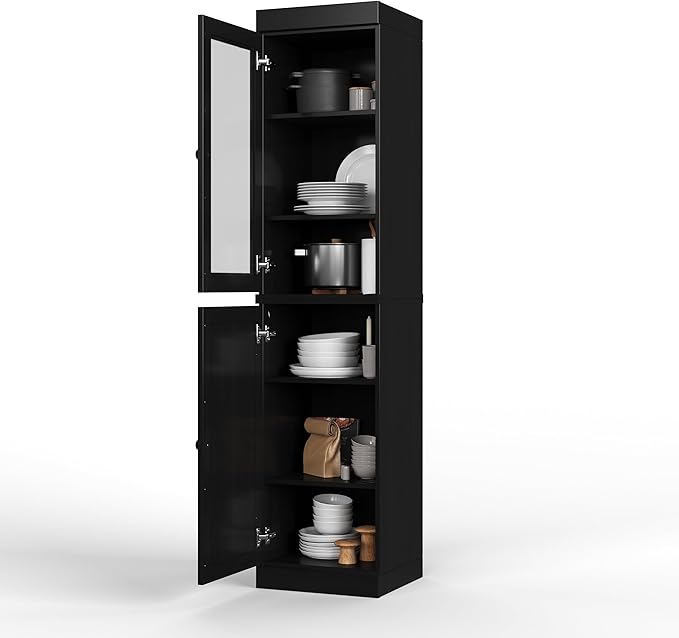 Palace Imports Solid Wood Kitchen Pantry - Narrow Storage Cabinet - 16.5" Wide x 71.5" Tall - 1 Raised Panel & 1 Glass Door, Black, Adjustable Shelves, 100% Eco-Friendly Wood, Modular Cabinets